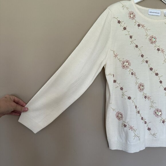 NWT Floral Embroidered Beaded Sweater Women XL Cottagecore Alfred Dunner Ivory - Picture 4 of 8